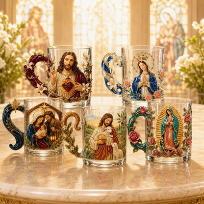 ⏳ Last Day 49% OFF – ✝️ 3D Christian Devotional Glass Mug Collection | 12oz Premium Clear Glass with Raised Jesus & Virgin Mary Figures, Sculptural Details & Jewel-Inspired Accents ✨
