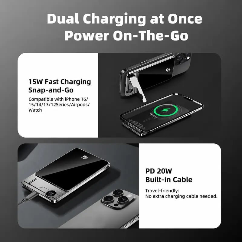 🔋 5000mAh Magnetic Portable Power Bank – 20W Fast Charging Wireless Charger with Built-In USB-C Cable, Foldable Stand & LED Battery Display for iPhone & USB-C Devices