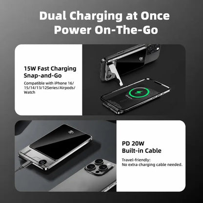 🔋 5000mAh Magnetic Portable Power Bank – 20W Fast Charging Wireless Charger with Built-In USB-C Cable, Foldable Stand & LED Battery Display for iPhone & USB-C Devices