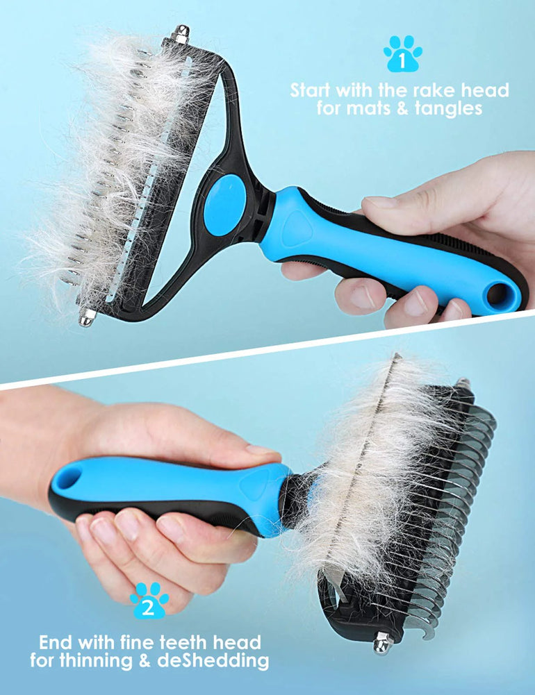Product guide showing the rake side for tangles and the fine-tooth side for loose undercoat.