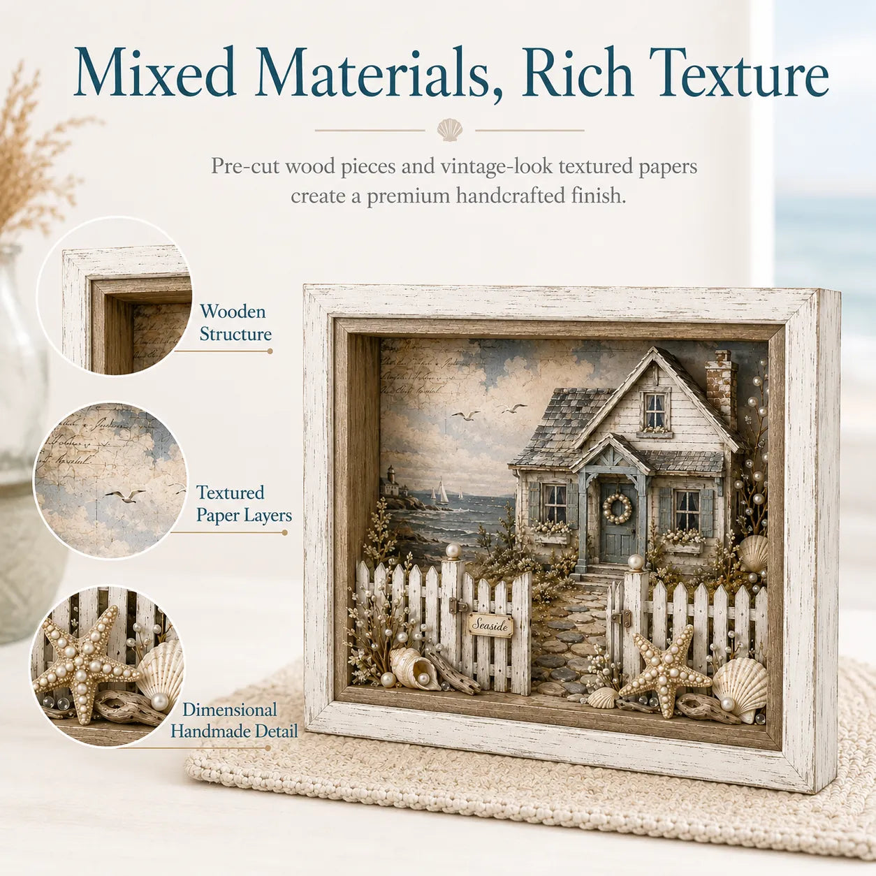 🐚Vintage Seaside Cottage Pearl Diamond Shadow Box DIY Kit