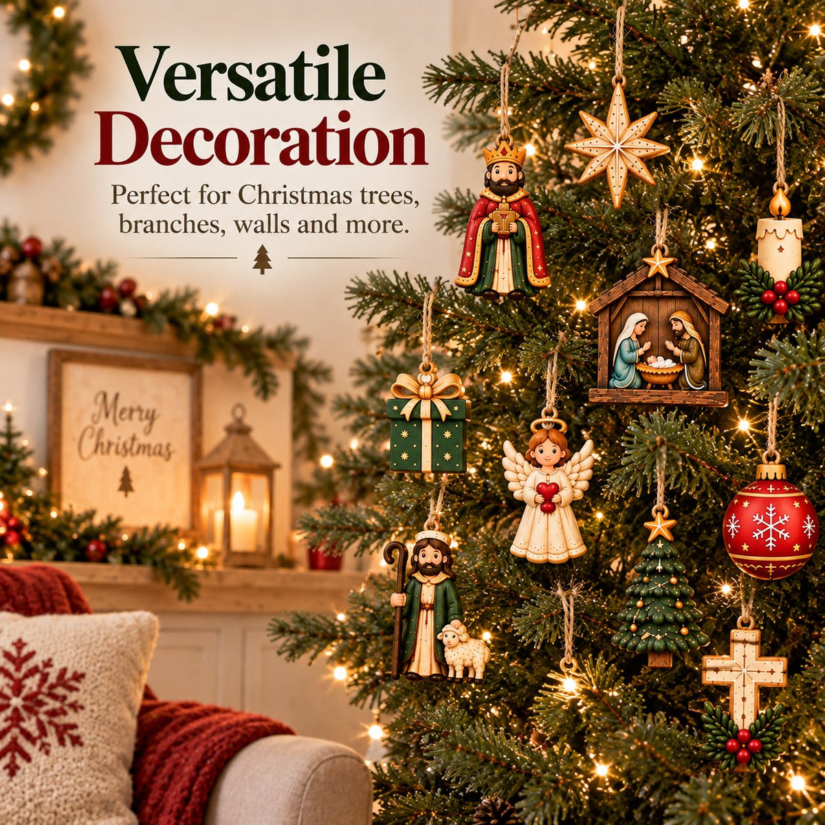 🎄 Set of 10 wooden ornaments featuring nativity and Christmas motifs