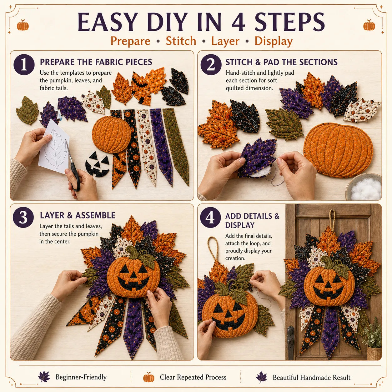 🎉 Holiday Celebration 50% OFF - 🎃DIY Quilted Halloween Pumpkin Door Hanger Sewing Kit | Make Oversized Seasonal Front Door Decor