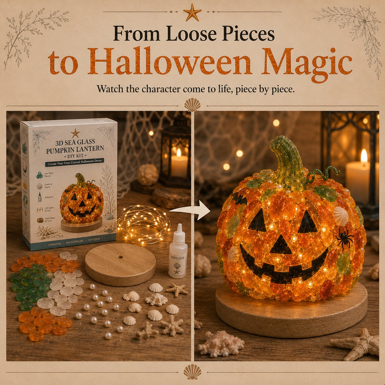 ⏳ Last Day 49% OFF – 🎃 Beginner-Friendly DIY Lighted Sea Glass Halloween Character Kit Collection | Complete Kit with Sea Glass Pieces, LED Lights & Step-by-Step Guide Included 💕
