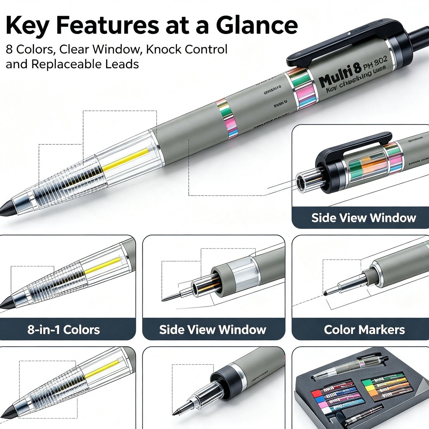 Multi‐Color Mechanical Pencil, 8‐in‐1 Rotating Select Color Pencil