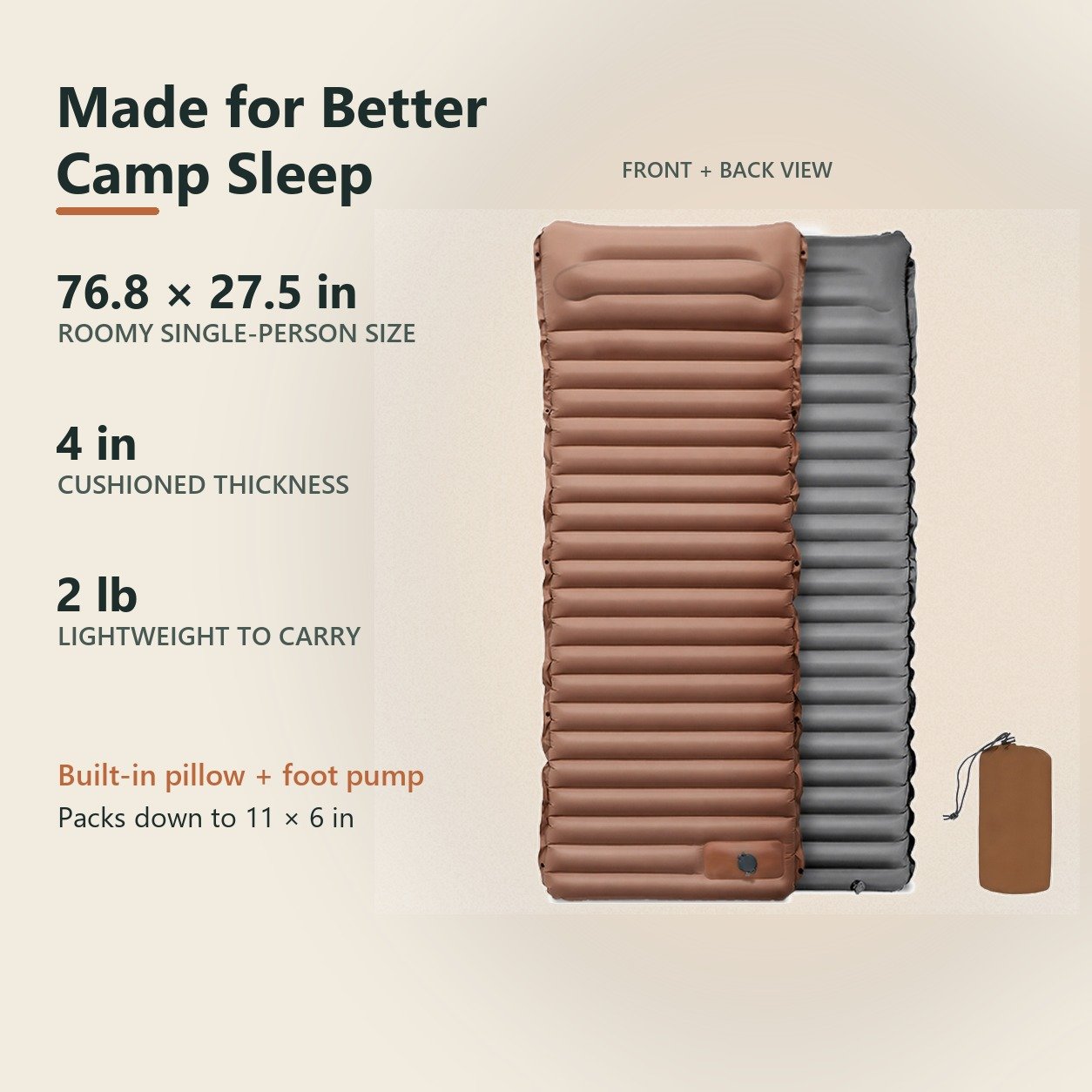 Ultralight 4-Inch Camping Mattress with Built-In Foot Pump