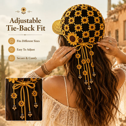 Handmade Crochet Sunflower Tassel Bell Hat | Adjustable Boho Festival Headpiece，Lightweight For Vacation & Photoshoots