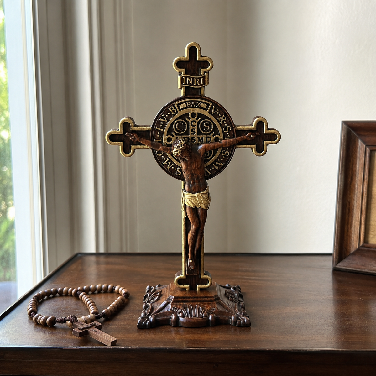 Hand-Carved Beechwood Saint Benedict Crucifix – Double-Sided Christian Standing Cross