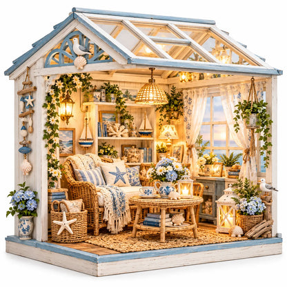 🌊 DIY Coastal Sunroom Miniature Kit | Warm LED Glow | Cozy Coastal Grandma Home Decor 🐚