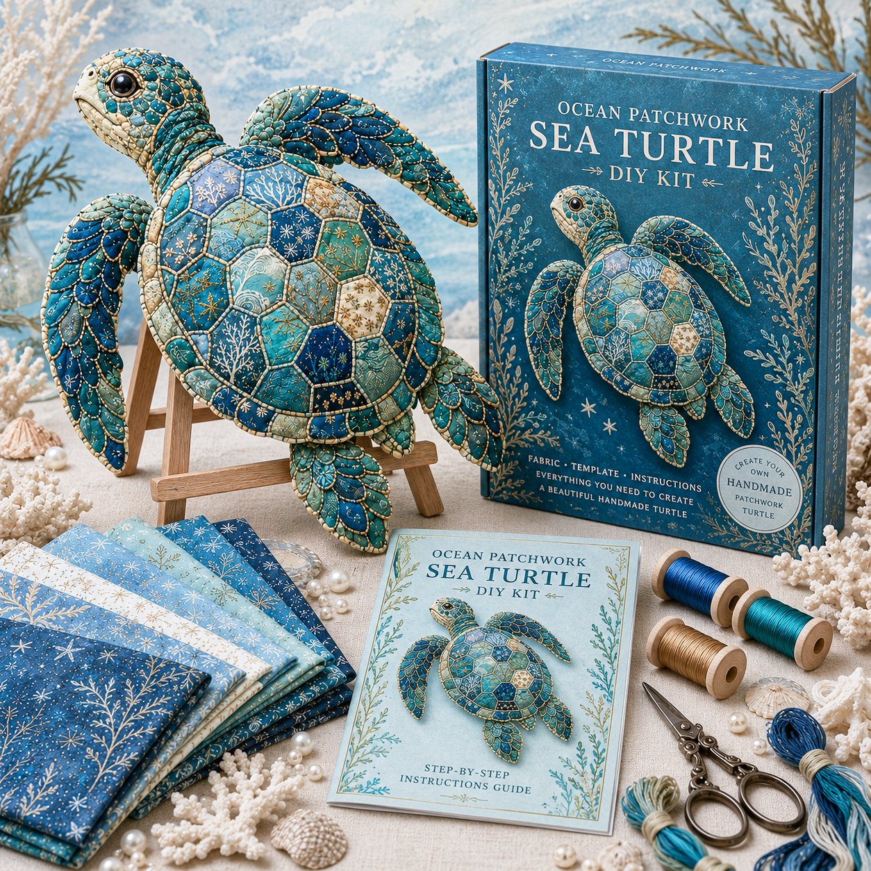 🌊🧵 Premium Ocean Patchwork DIY Kit | High-Quality Layered Fabric with Stitched Details DIY Handmade Coastal Decor 🐚✨