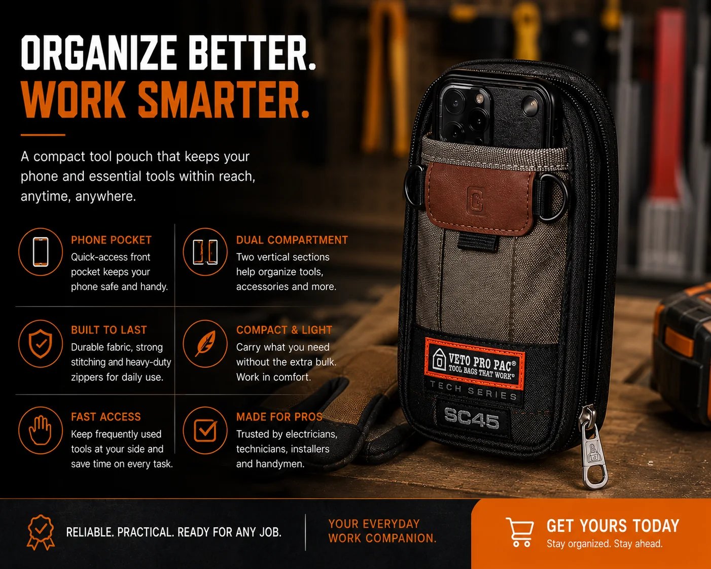 🔧 Compact Technician Tool Pouch with Phone Pocket & Dual-Layer Storage