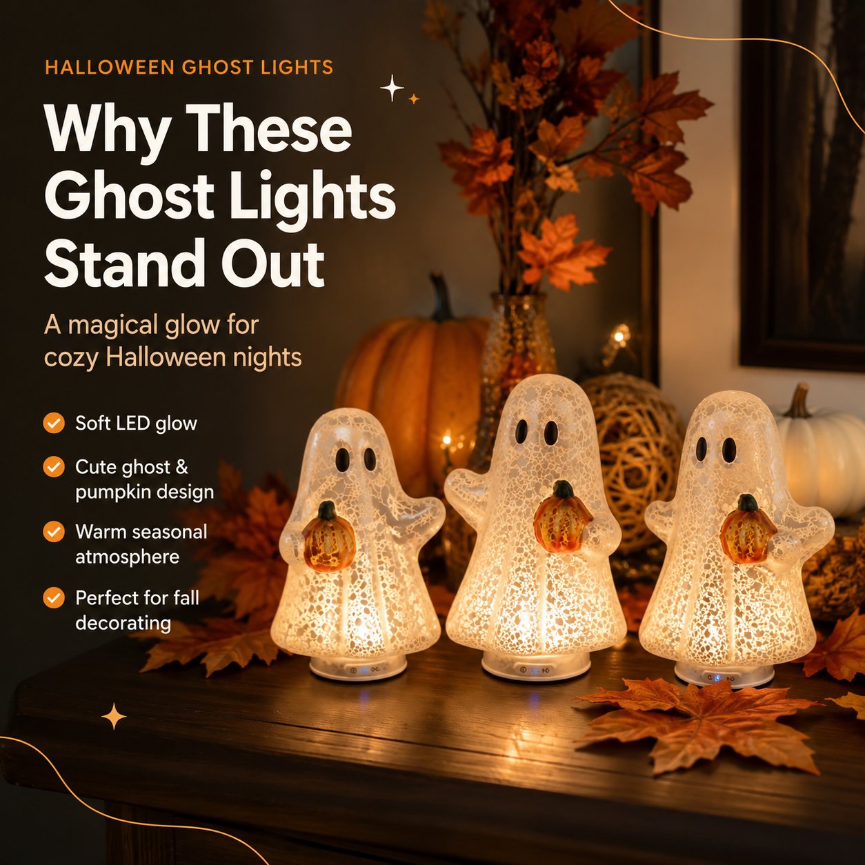 👻 Set of 3 Illuminated Mercury Glass Ghosts-Turn Any Corner Into A Charming Halloween Scene