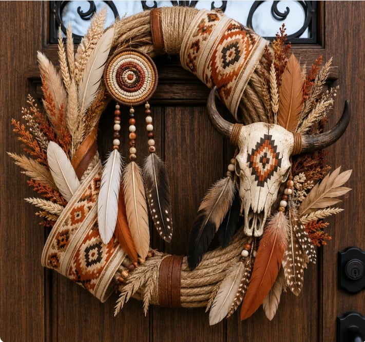 Bohemian-style cow skull and feather door knocker decoration