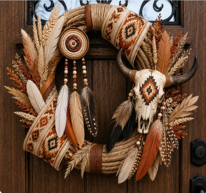 Bohemian-style cow skull and feather door knocker decoration