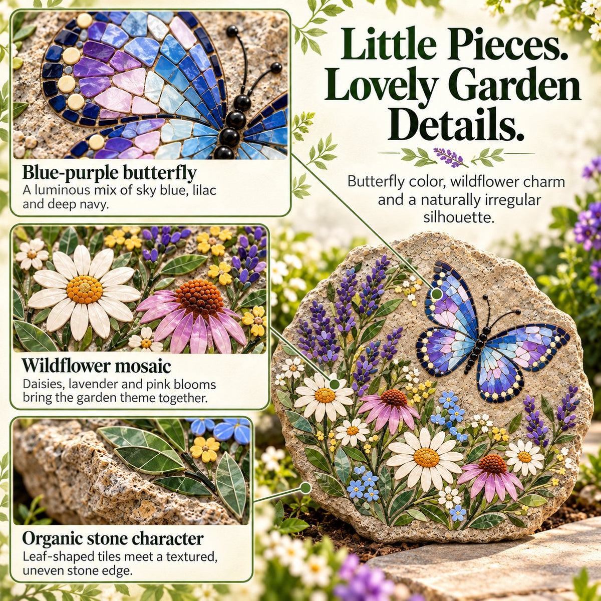 Close-up details of butterfly wings and wildflower mosaic tiles