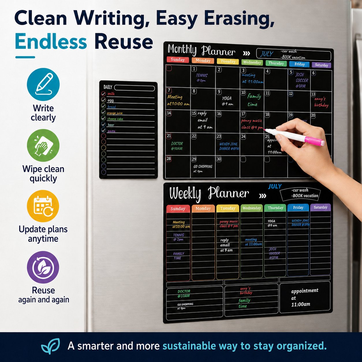✨ Black Dry Erase Boards Set - 3 Magnetic Boards for Refrigerator