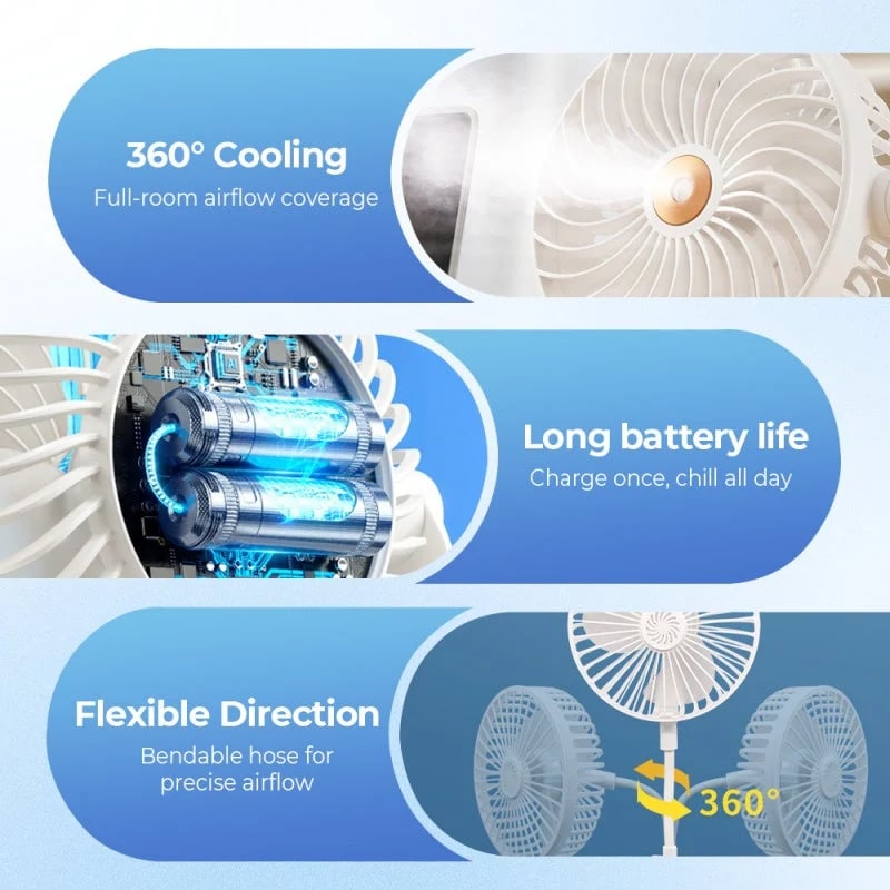🌀🌿 360° bendable fan – quiet, scent slot, portable & cools every corner!