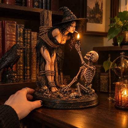 ⏳ Last Day 49% OFF – 🖤 Light-Up Witch & Skeleton Gothic Figurine | Dark Halloween Tabletop Scene with Glowing Flame Detail 🔥