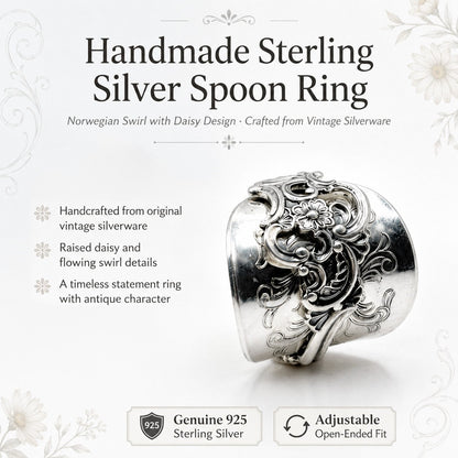 ✨ Handmade Adjustable Sterling Silver Spoon Ring – Norwegian Swirl with Daisy Design, Crafted from Vintage Silverware