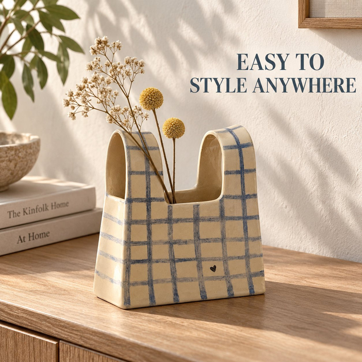 🌼 Handmade Checkered Ceramic Bag Vase