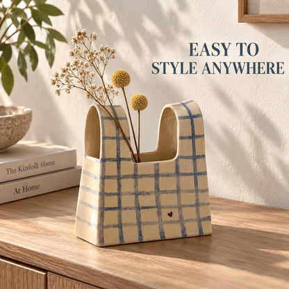🌼 Handmade Checkered Ceramic Bag Vase