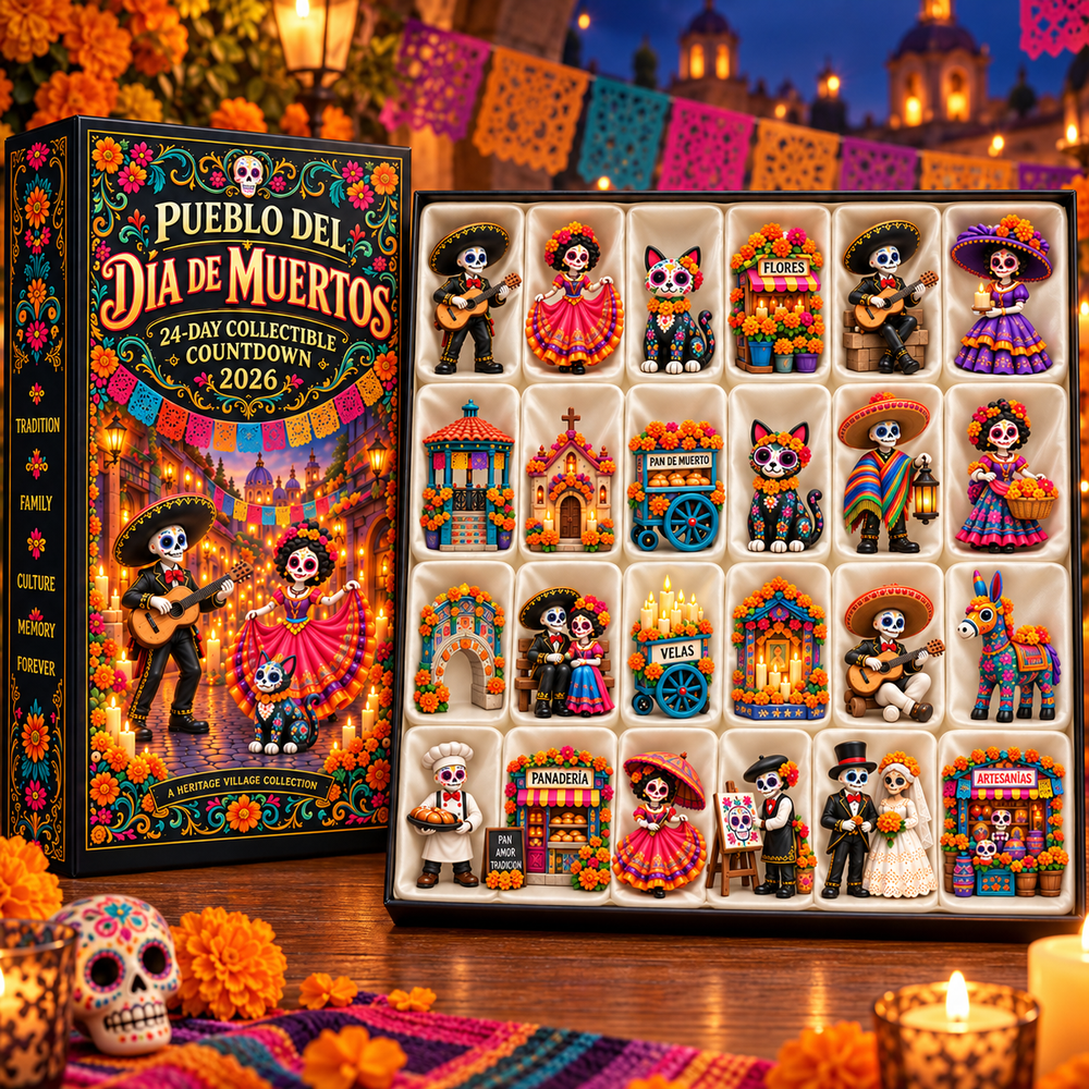 Pueblo del Día de Muertos miniature collection presented in storage tray