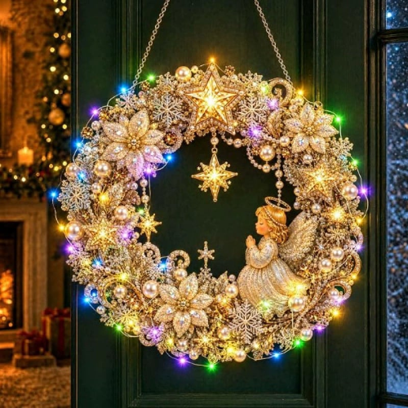 LED Weihnachts-Perlen-Diamantbild – Funkelnde Weihnachtskranz-Dekoration mit 19 Motiven