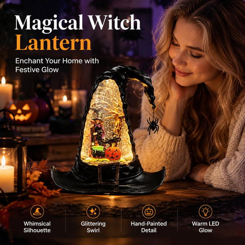 Halloween Witch Hat Lighted Water Lantern with Glitter Swirl and Festive LED Glow