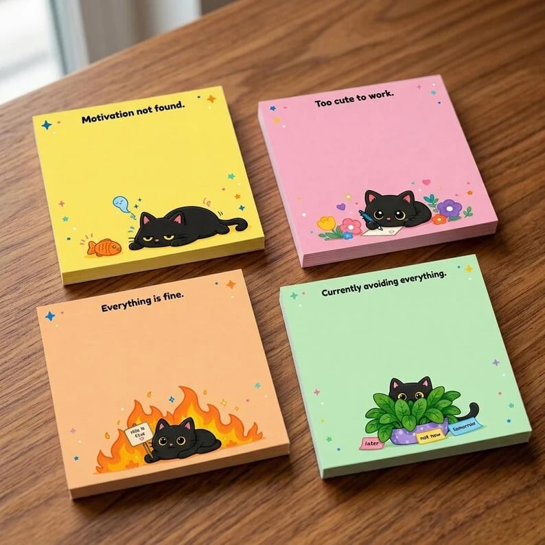 🐾 Sassy Black Cat Sticky Notes (4-Pack) | Funny Sarcastic Memo Pads for Office, School & WFH | 3'x3'