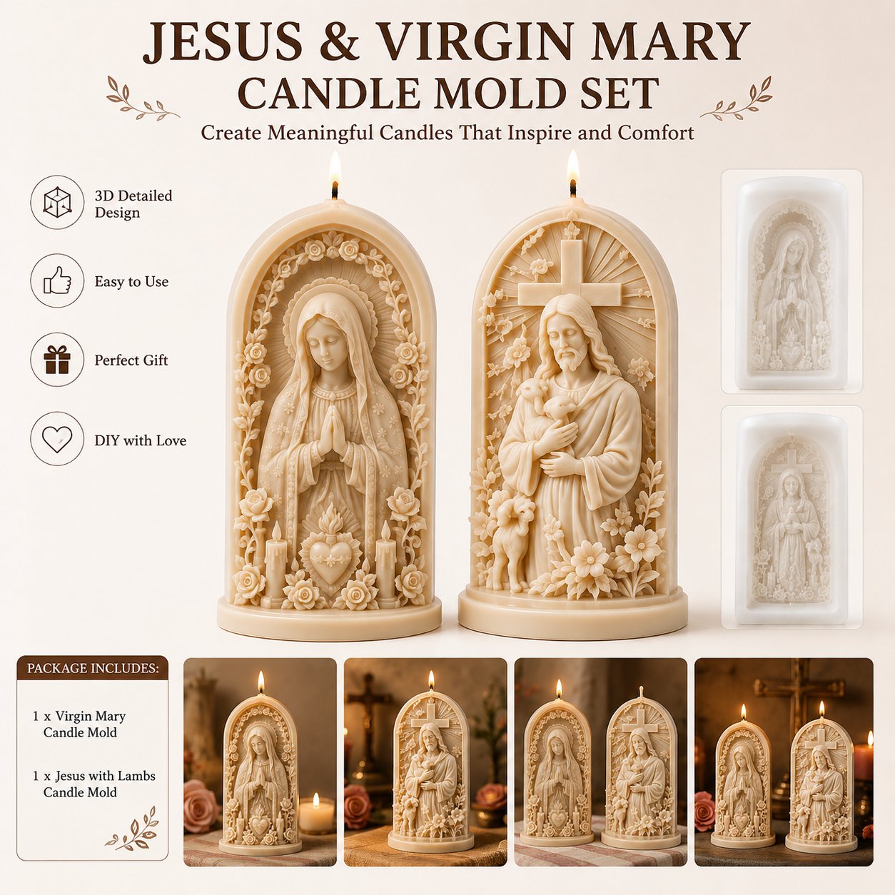 ✝️ 2-Piece Good Shepherd Jesus 3D Candle Mold Set | Sculpted Cross, Lamb & Floral Relief for Faith-Inspired Handmade Candles 🕯️✨