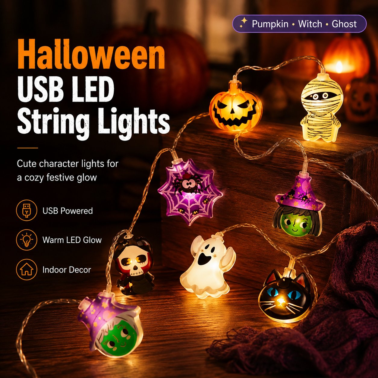 🎃 Halloween Decor Sale 49% OFF – USB Pumpkin, Witch & Ghost LED String Lights