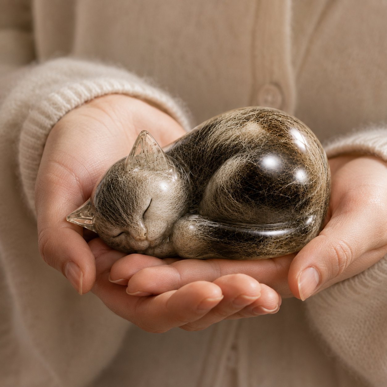 Sleeping Cat Pet Memorial Fur Keepsake — Keep a Real Part of Them Close