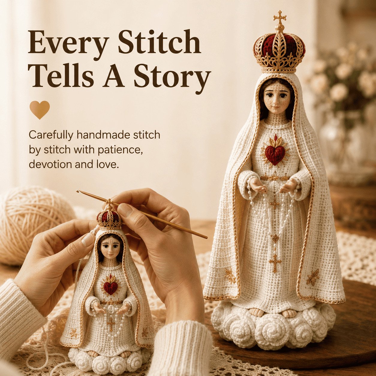 ⏳ Last Day 49% OFF – 🙏 Hand-Crocheted Praying Virgin Mary Hanging Ornament | 35 × 20 cm Handmade Yarn & Fabric Design with Crown, Beads, Crosses & Heart Details 🤍✨