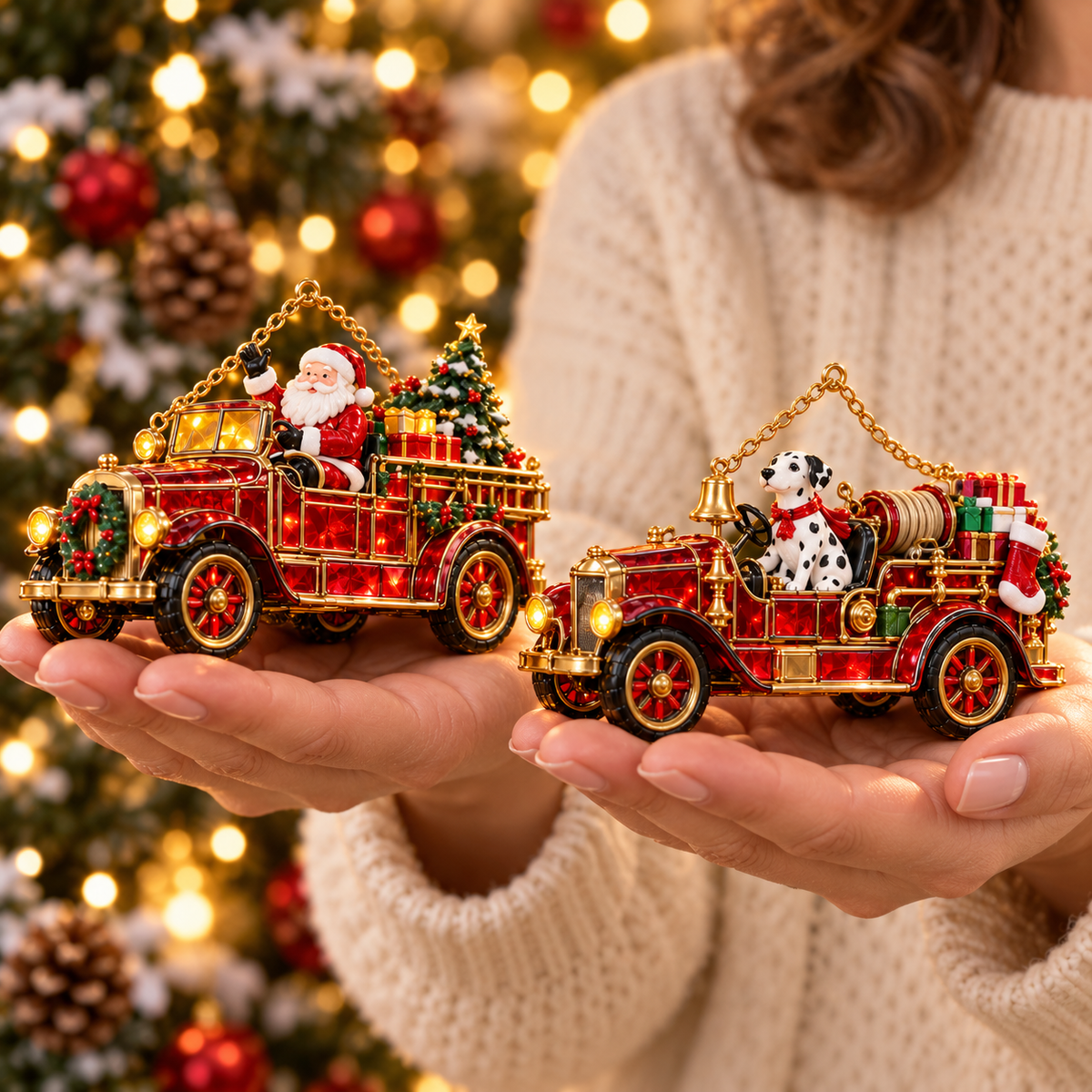 2026 Vintage Fire Truck Christmas Ornaments – Set of 6 | Stained-Glass Style with Festive Holiday Scenes & Golden Accents