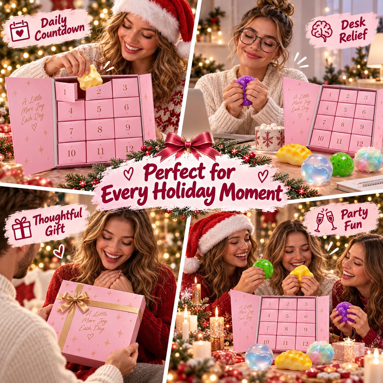 Four holiday scenes showing the squishy advent calendar used for daily countdown, desk fidgeting, gifting and party fun.