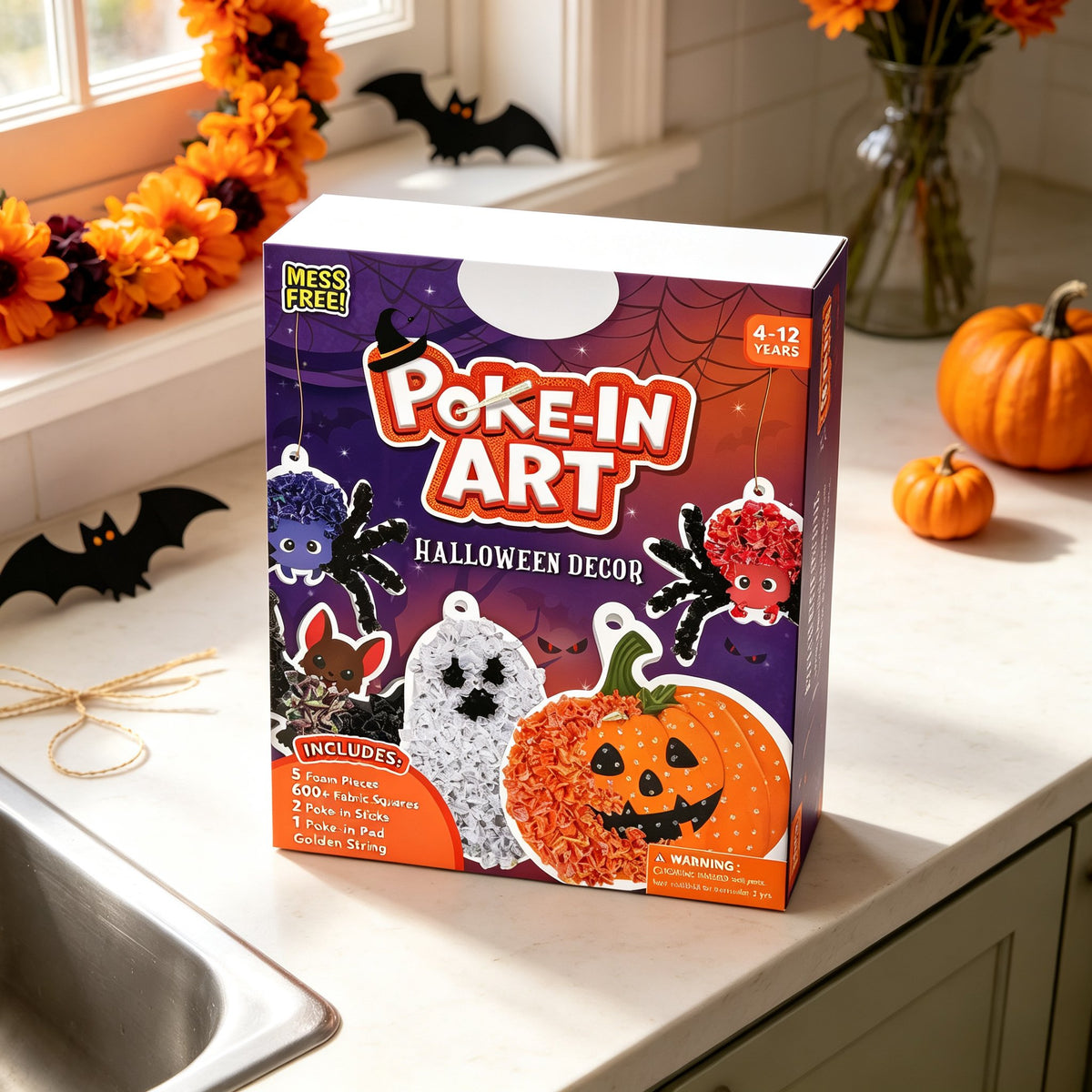 👻Halloween Poke In Art Kit, Kids Handmade Hanging Decor Craft Set with Pumpkin Ghost Bat Spider