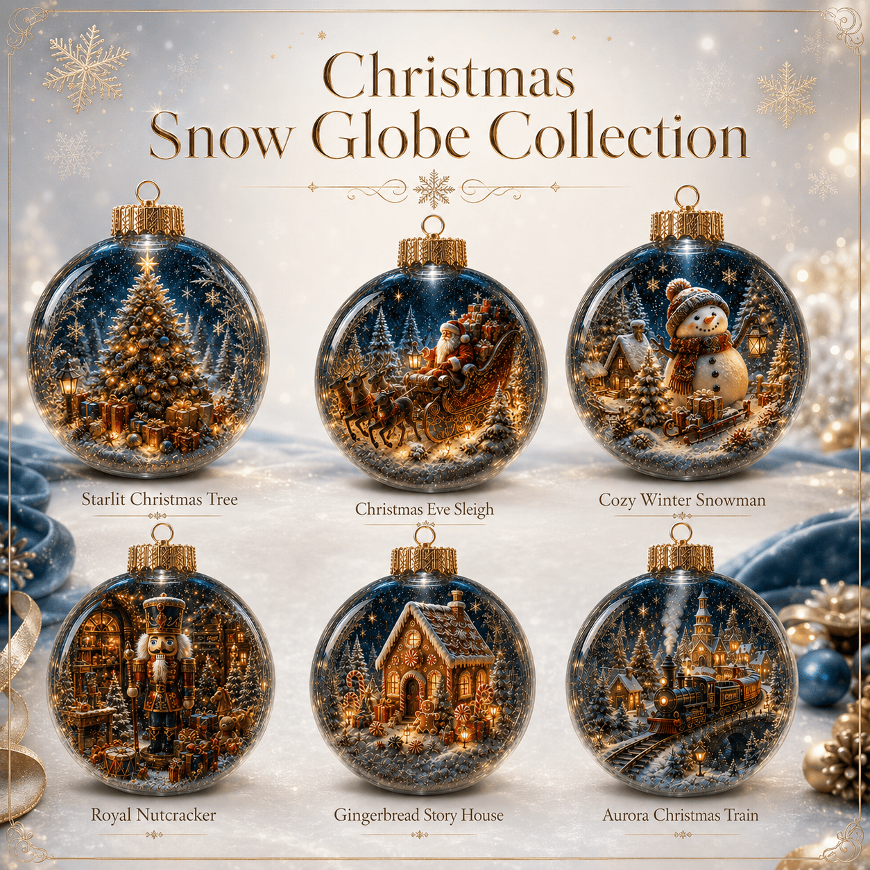 ⏳ Last Day 49% OFF – 🎄6-Piece Christmas Winter Scene Globe Ornament Collection | Detailed 3D Holiday Scenes, Coordinated Midnight-Blue & Gold Palette with Presentation Box Included ✨
