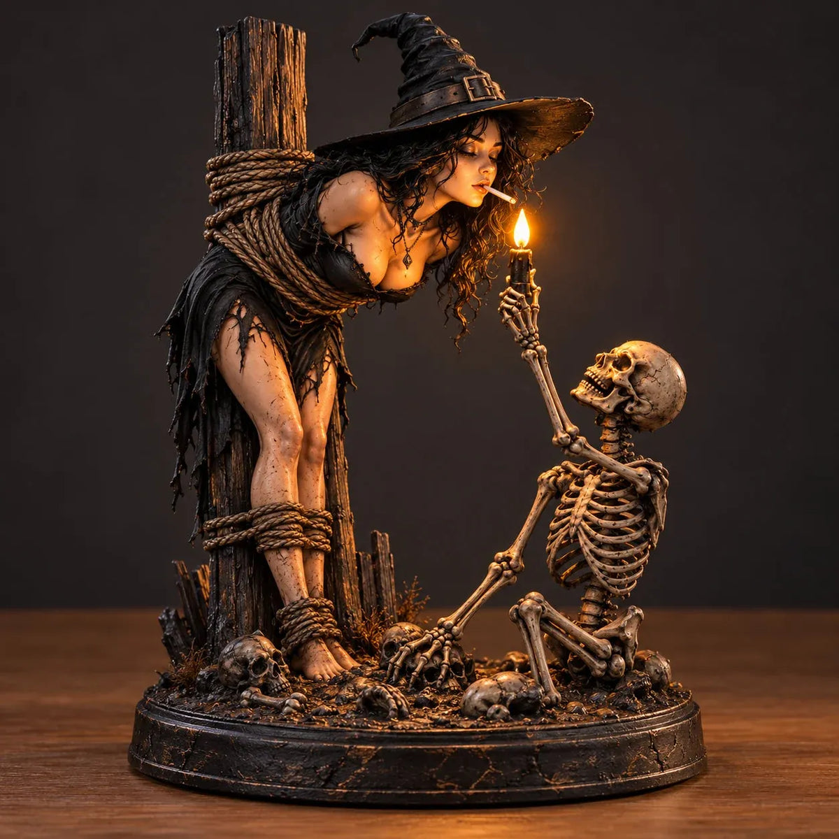 ⏳ Last Day 49% OFF – 🖤 Light-Up Witch & Skeleton Gothic Figurine | Dark Halloween Tabletop Scene with Glowing Flame Detail 🔥