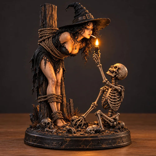 ⏳ Last Day 49% OFF – 🖤 Light-Up Witch & Skeleton Gothic Figurine | Dark Halloween Tabletop Scene with Glowing Flame Detail 🔥
