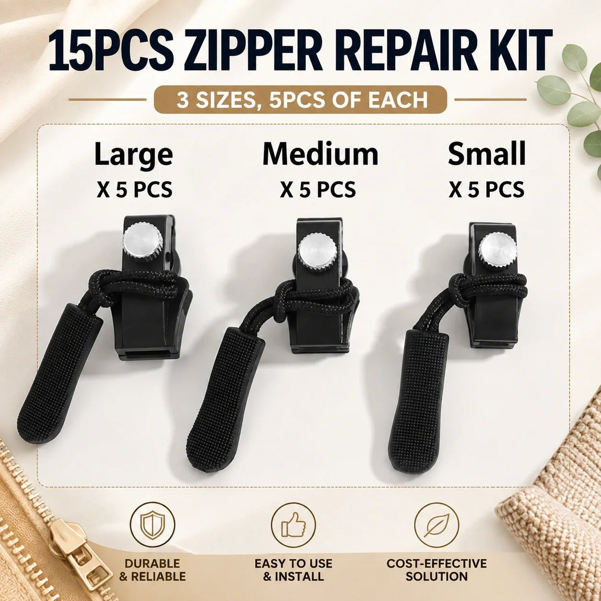15pcs Zipper Repairer | 3 Sizes Detachable Suitable for Bags, Jackets, Clothes, Shoes, Boots Home Tool-Free Replacement Zipper Locks