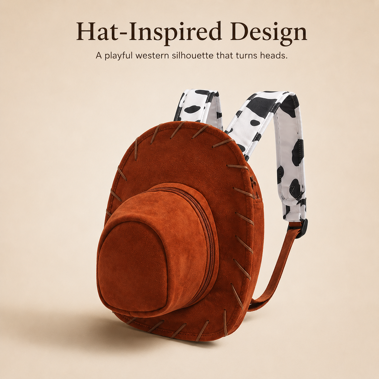 🤠 Western Cowboy Hat Shaped Backpack Cow Print Straps Mini Leather Purse