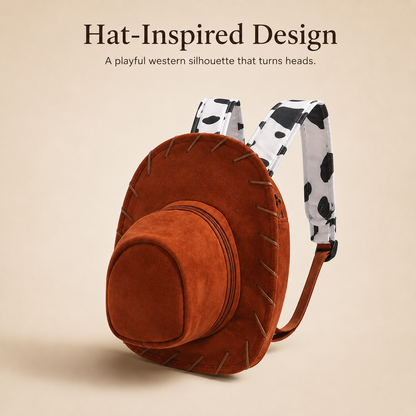 🤠 Western Cowboy Hat Shaped Backpack Cow Print Straps Mini Leather Purse