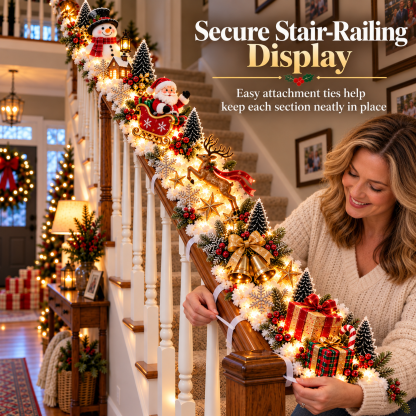 🎅 Santa’s Sleigh Snowy Stair Railing Decor | Pre-Lit Christmas Banister Garland