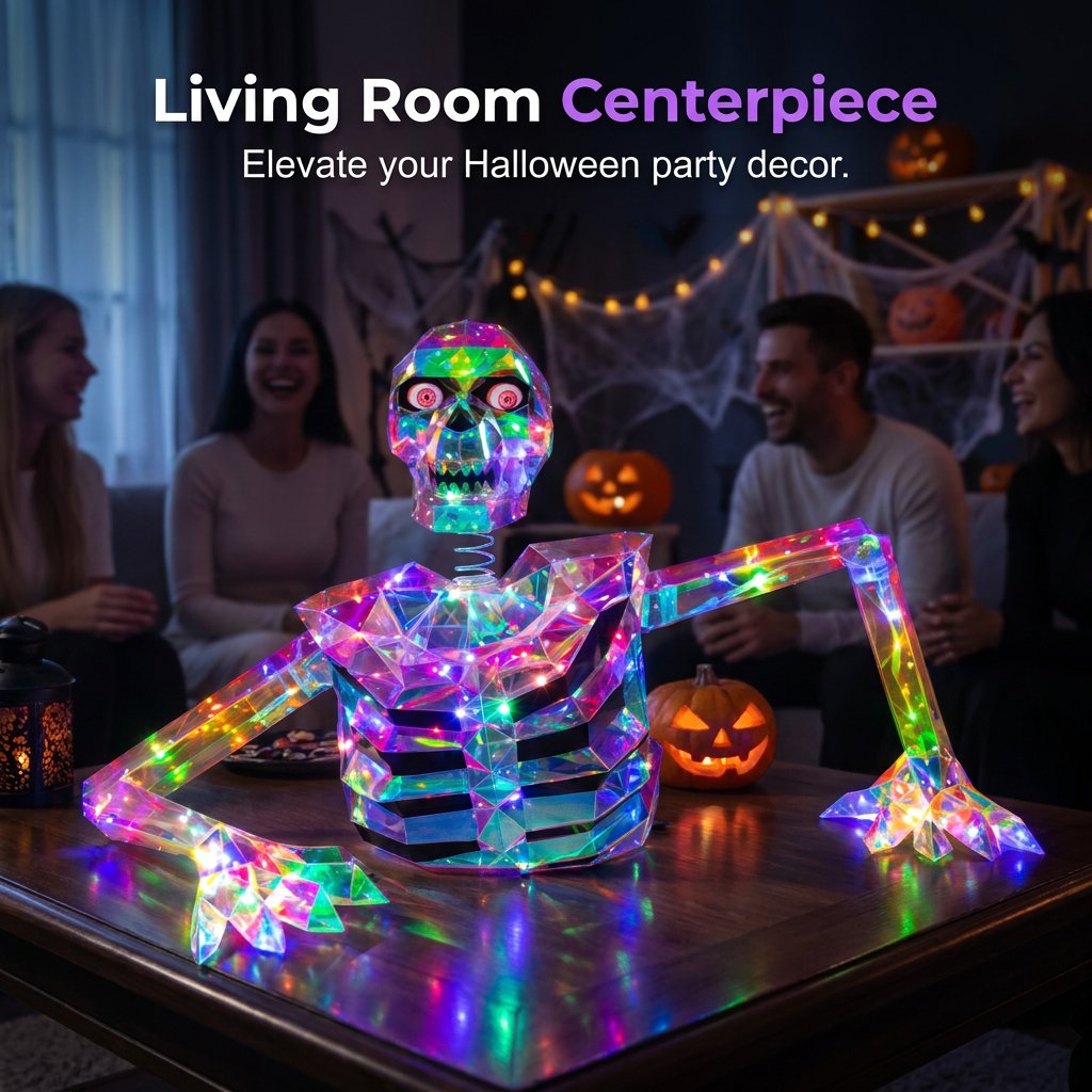 🔥HOT SALE🔥Giant Crystal Effect Skeleton Halloween Decoration - 116cm Wide Light-Reflecting Oversized Skeleton Centerpiece with 3m Power Cable - Mysterious Glow Decor for Home Entryway, Living Room & Spooky Party