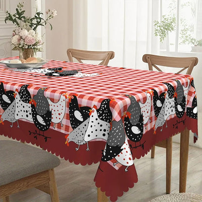 🔥HOT SALE🔥🐓 Farmhouse Rooster Tablecloth – Red Buffalo Plaid Chicken Table Cover, Spill Proof & Scalloped Lace Edge ✨