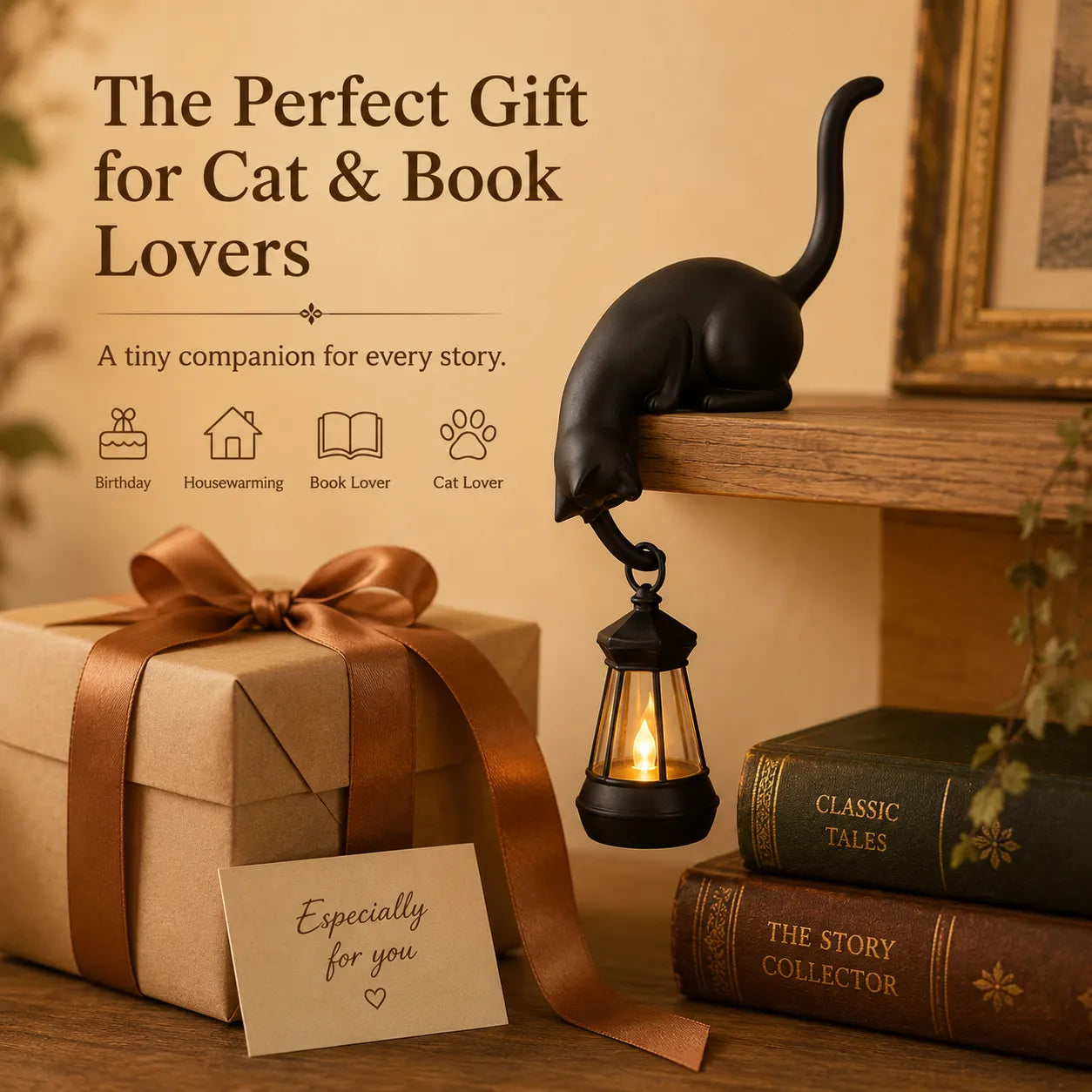 🐈‍⬛🏮 Peekaboo Black Cat Lantern Decor – Cozy LED Shelf Accent for Cat Lovers