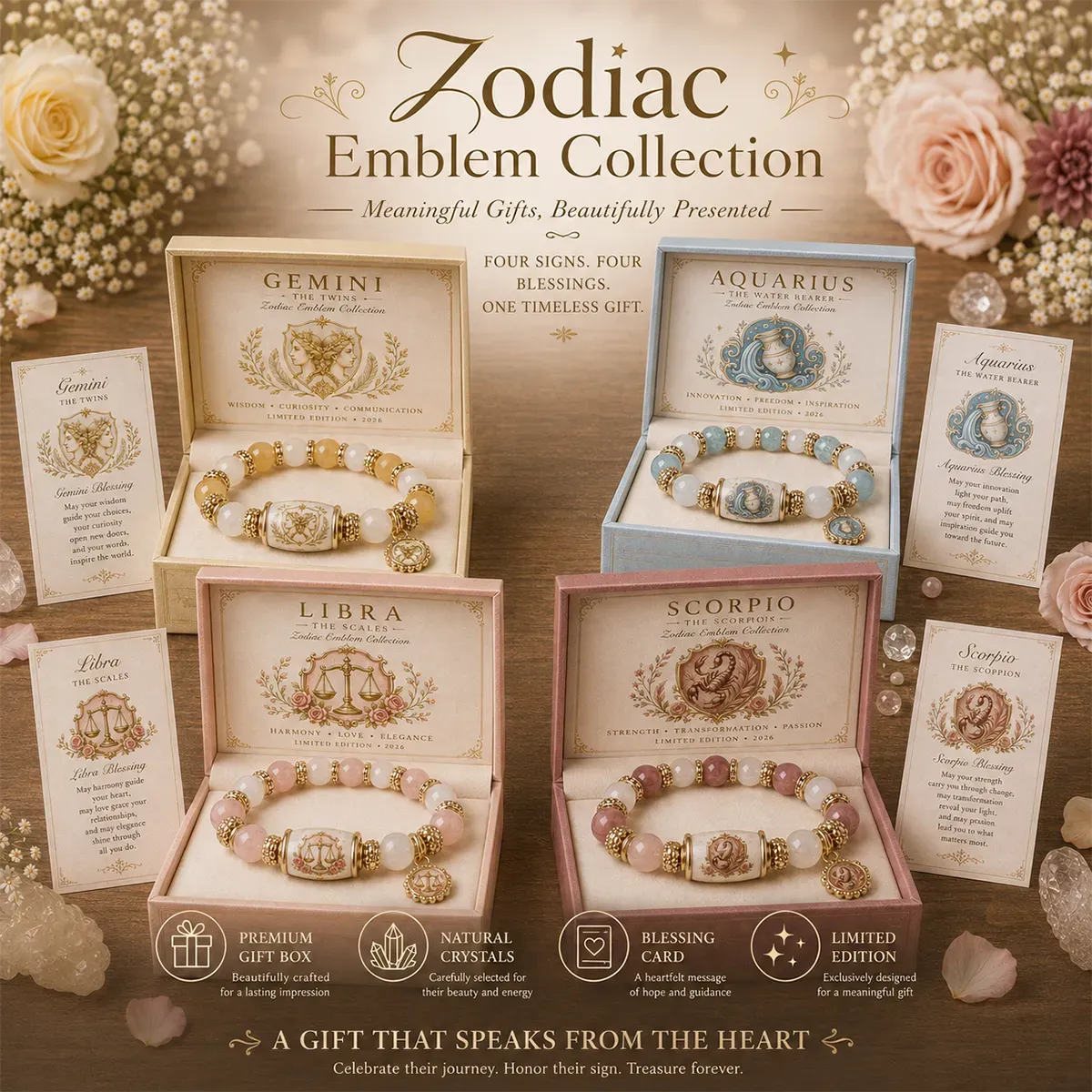 ⏳ Last Day 49% OFF – ♈ 12 Zodiac Natural Chalcedony Bracelet Collection | 10–12mm Gemstone Beads, Symbolic Zodiac Charm, Stretch Fit & Collector’s Gift Box Included ✨