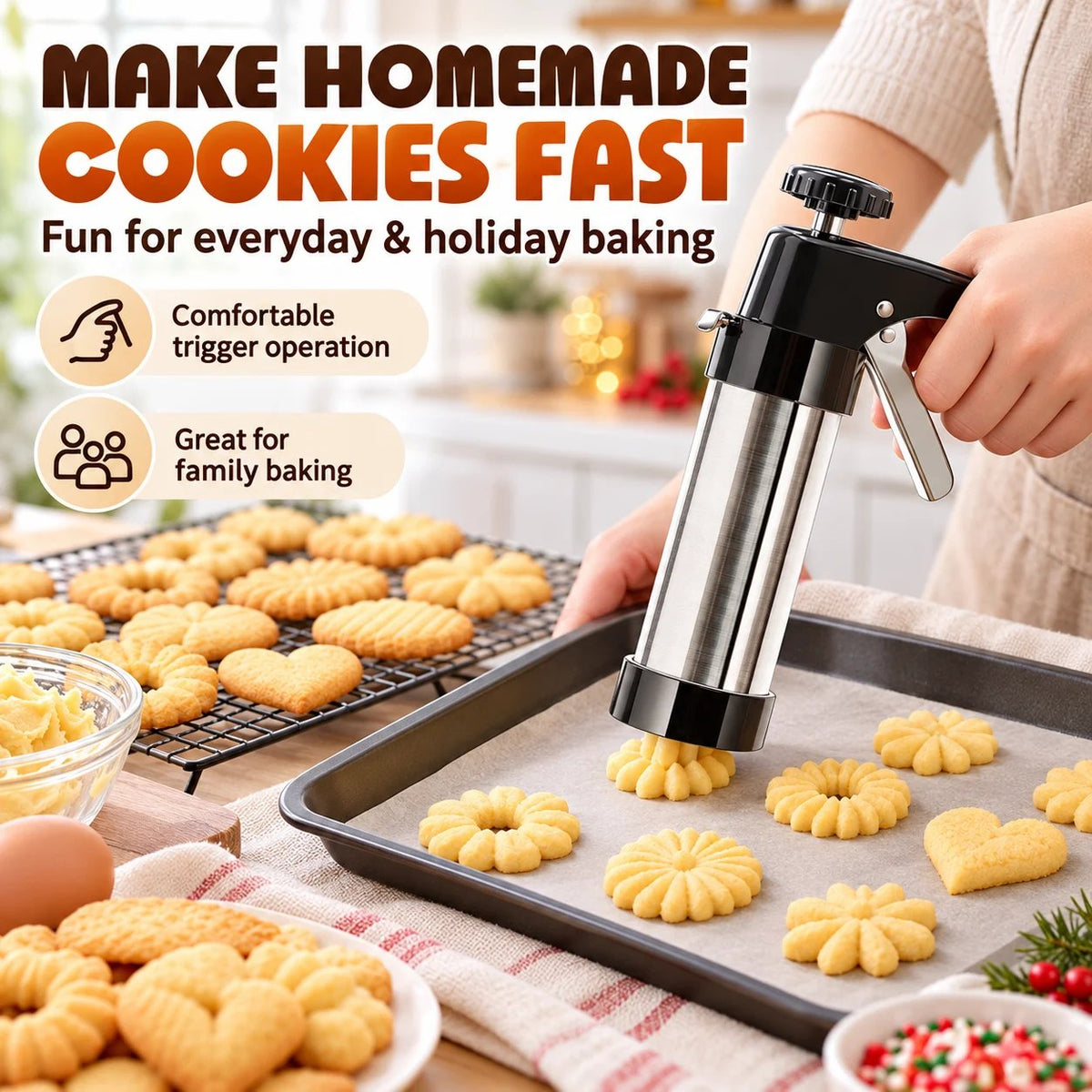 🍪 Stainless Steel Cookie Press & Decorating Kit | 13 Cookie Discs + 8 Icing Tips for Cookies, Cupcakes & Cakes 🧁