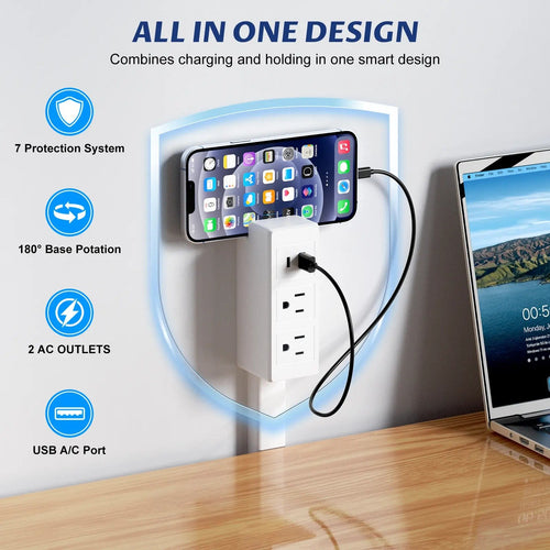 Flexible Outlet Extender with USB-C and USB-A, Rotating Plug, Power Adapter for Behind Furniture Access