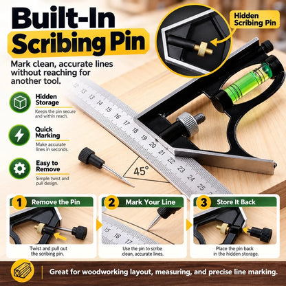 🔨Precision Combination Square Tool – 300mm Adjustable Carpenter Square with Built-In Level & Scriber for Woodworking DIY Projects